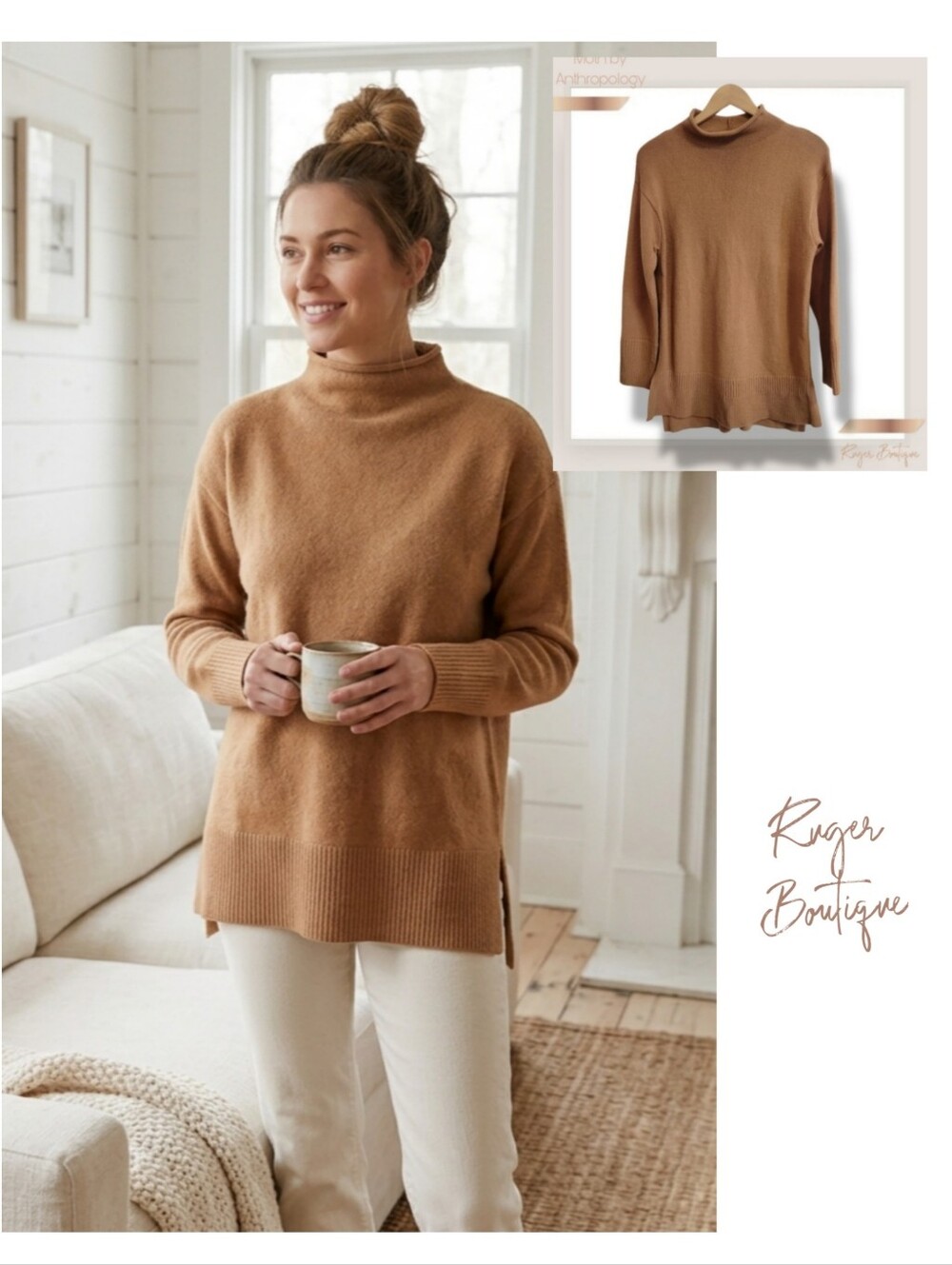 🌿Moth by Anthropologie Tan Oversized Mock Neck Sweater XS Boho Chic